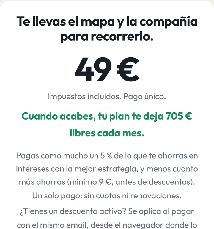 Precio del plan de ejemplo: 49 €, impuestos incluidos, pago único