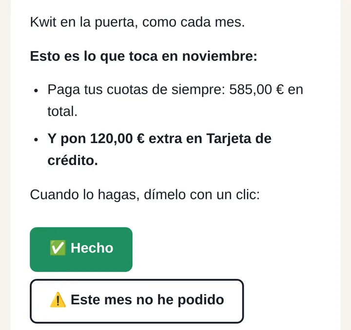 Email mensual con los botones Hecho y Este mes no he podido