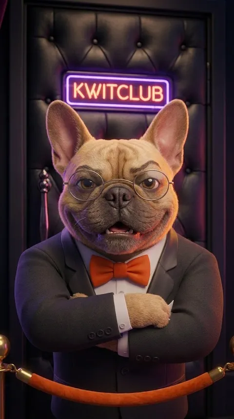 Kwit, el bulldog portero de KwitPlan, con los brazos cruzados en la puerta del KwitClub